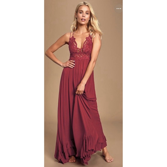 Free People Dresses & Skirts - FREE PEOPLE  ADELLA Maxi Slip Dress XS Gauze Boho Embroidered Cranberry Red
